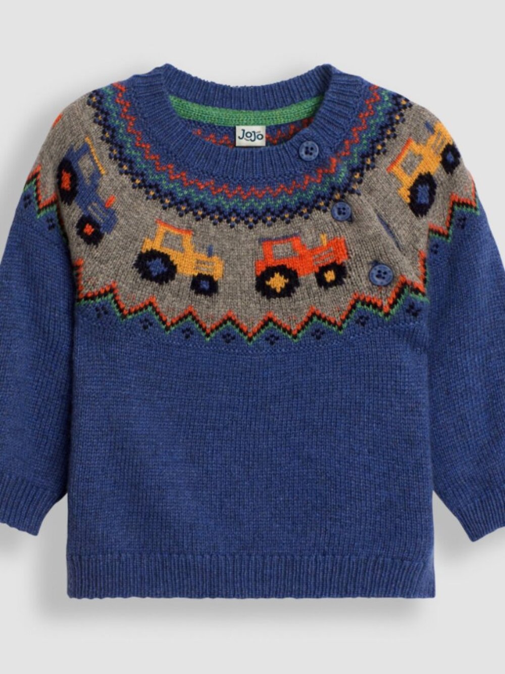 JoJo Maman Bébé Denim Blue Tractor Knit Fair Isle Jumper, Size 12 Months